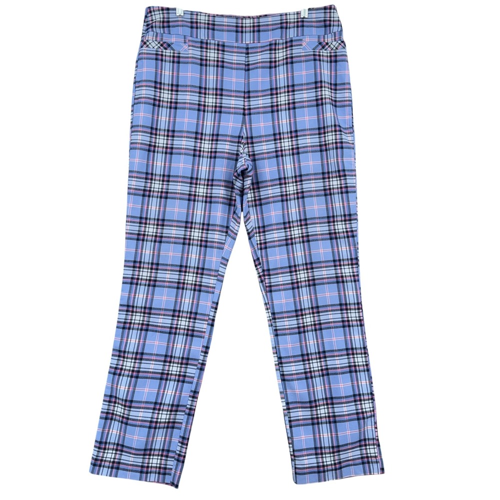 Kim Rogers Plaid Straight Leg Pants Womens 18 Rayon Blend Blue Pink
